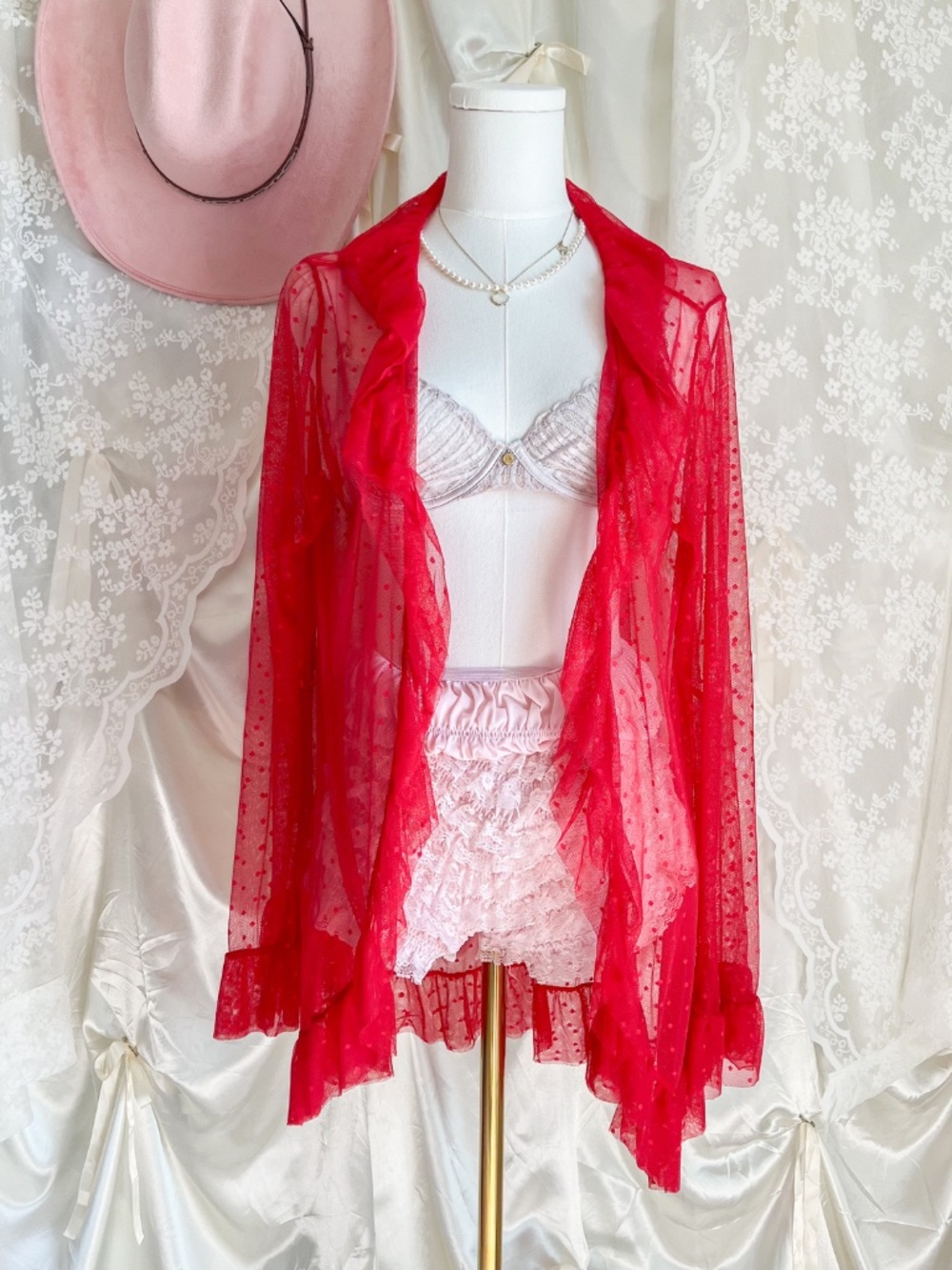 Sheer Red Polka Dot Ruffle Mesh Duster Cardigan - Picture 4 of 5